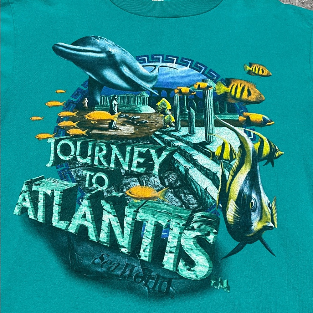 1990s Vintage Journey to Atlantis Sea World Teal Graphic T-Shirt - Picture 2 of 5